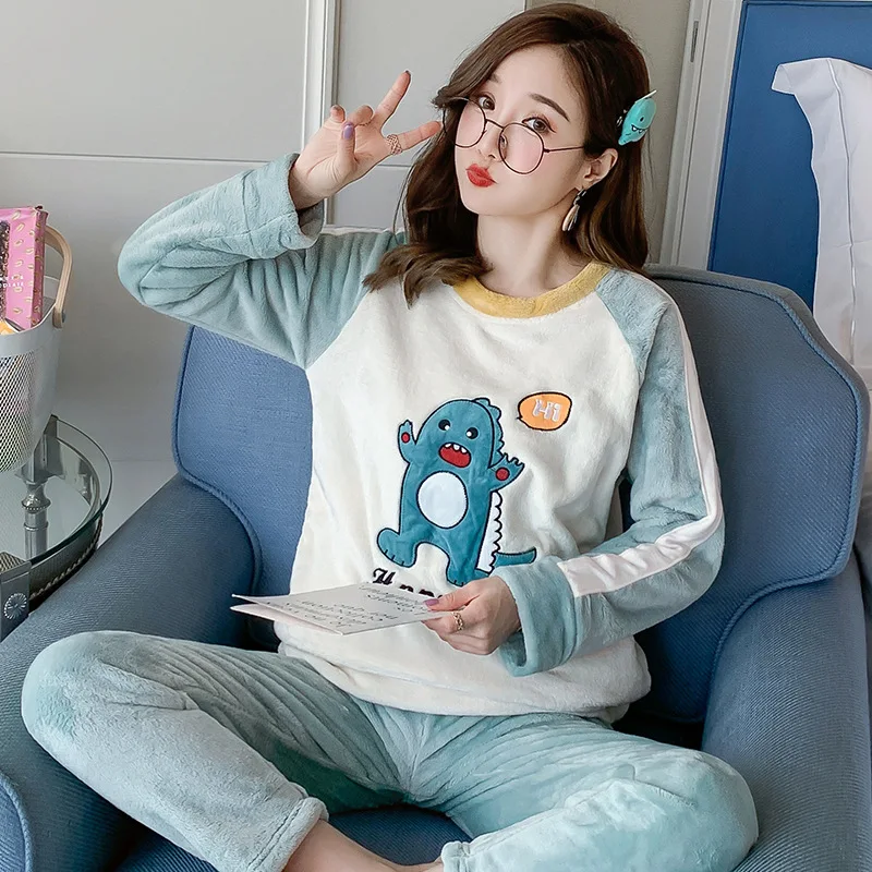 

Cute Cartoon 2PCS Winter New Pajama Suit Young Lady Lounge O-Neck Top&Pant Nightwear Flannel Warm Sleepwear Loose Home Clothes
