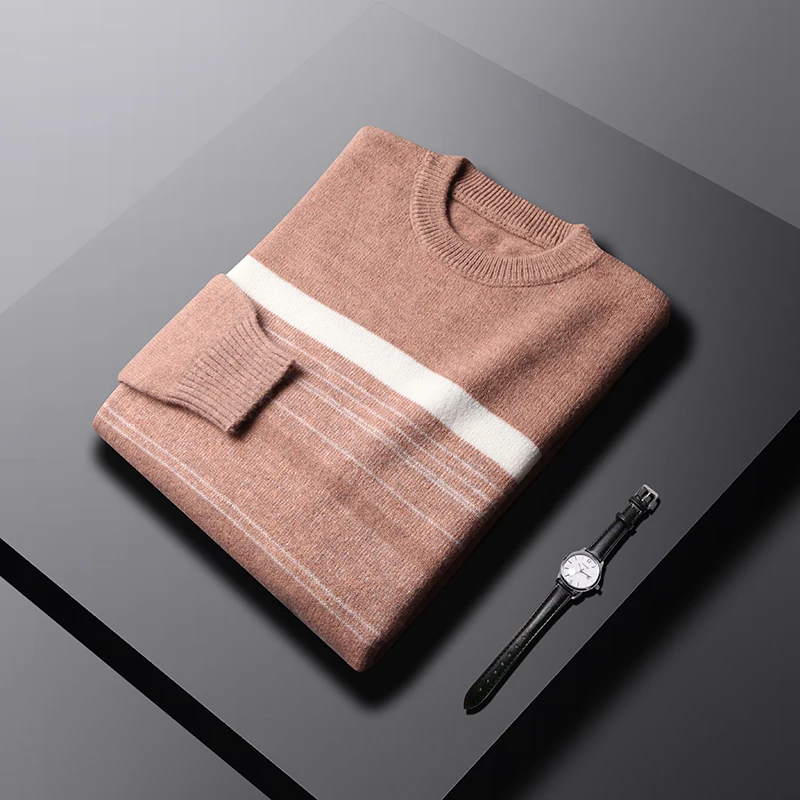 Мужской кашемировый свитер в полоску с длинным рукавом и круглым вырезом |