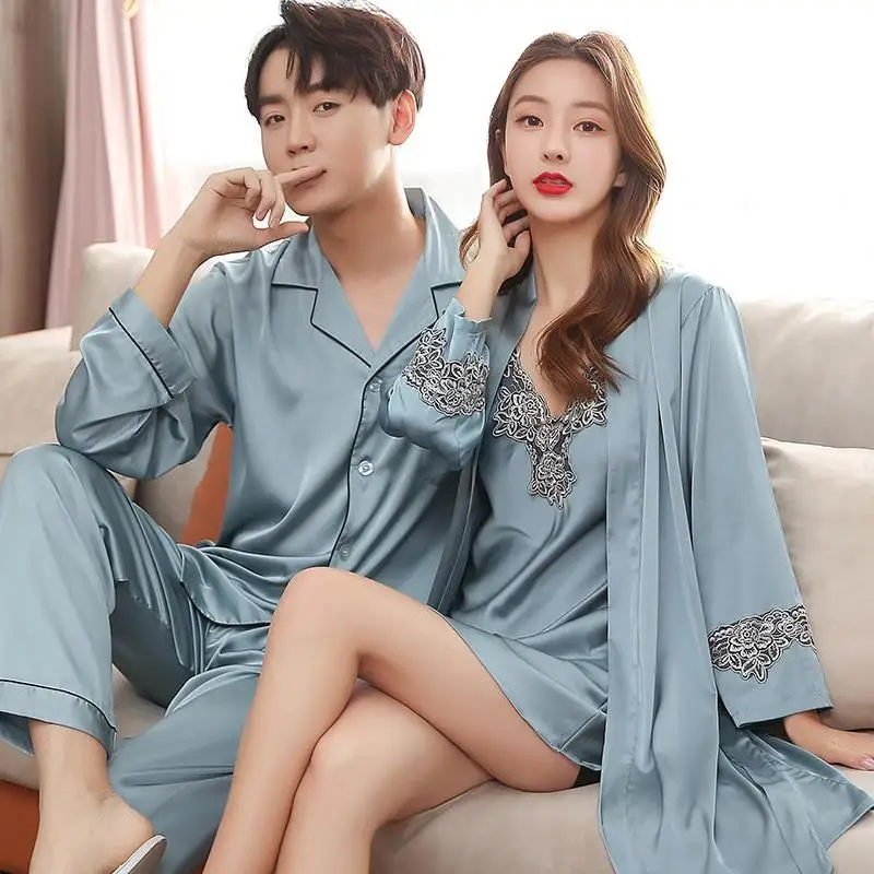 

Men Stain Silk Pajama Set Men's Sleepwears Men Sexy Soft Homme Cozy Satin Nightgown Couples Lounge Pajama Nightwear Home Lovers