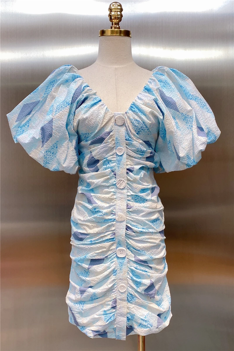

Summer 2021 New Style French European Ins Style Western Style Pleated Tie-Dyed Printed Rhinestone Sexy V-neck Dress