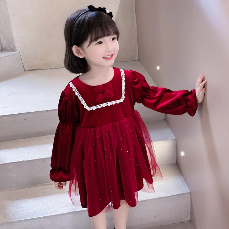 

Платье для маленьких девочек, весна-осень 2022, детское платье с круглым вырезом и бантом, кружевное вечернее платье принцессы на день рождени...