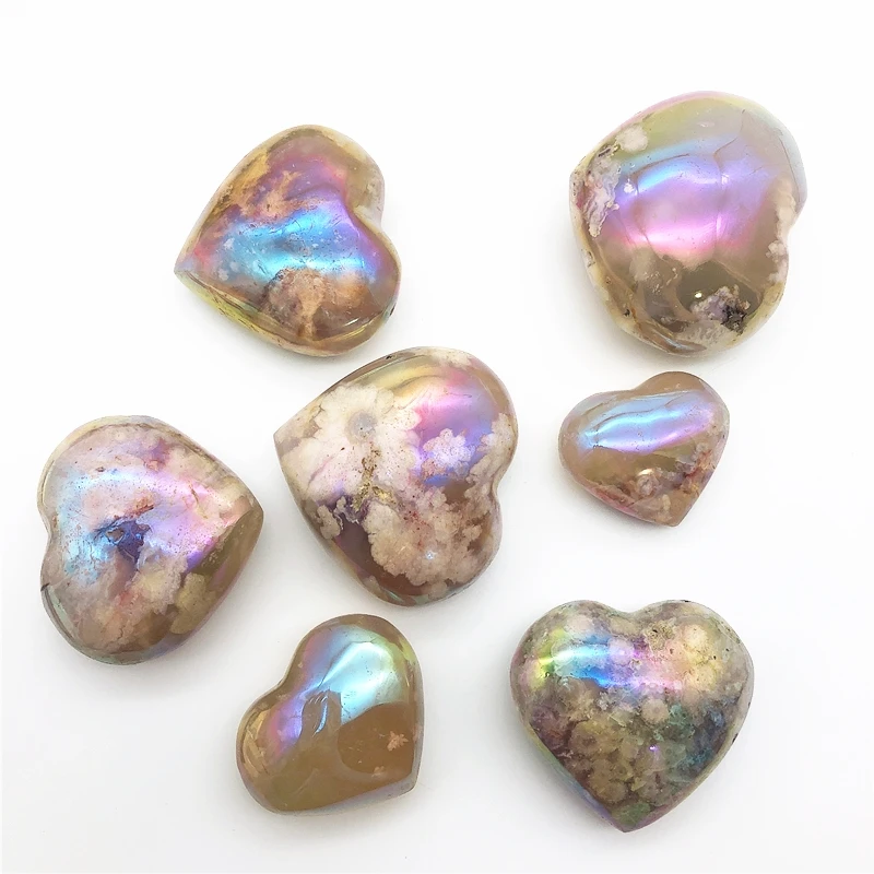 

1PC Electroplated Aura Natural Cherry Agate Heart-Shape Palmstone with Ornaments Energy Stone Natural Stones and Minerals
