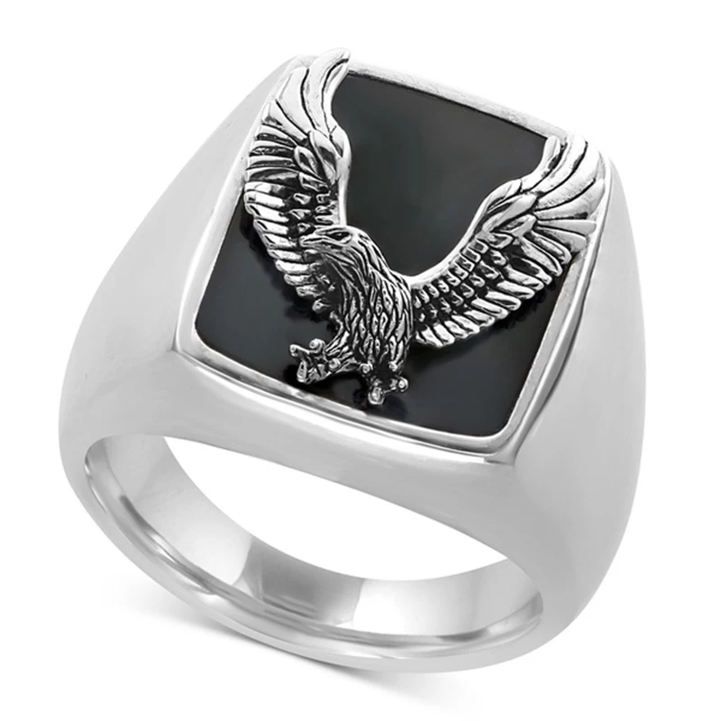 

Classic Punk Flying Eagle Ring Men's Jewelry Wedding Accessories Indian Rock Biker Square Big Black Steampunk Finger Ring Z4Z073