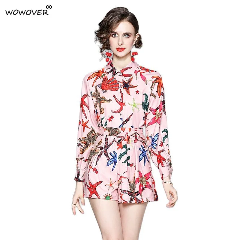 

Autumn Fashion Runway Suit Women 2021 New Designer Long Sleeve Print Shirt with High Waist Shorts Set 2 Piece Office Outfits