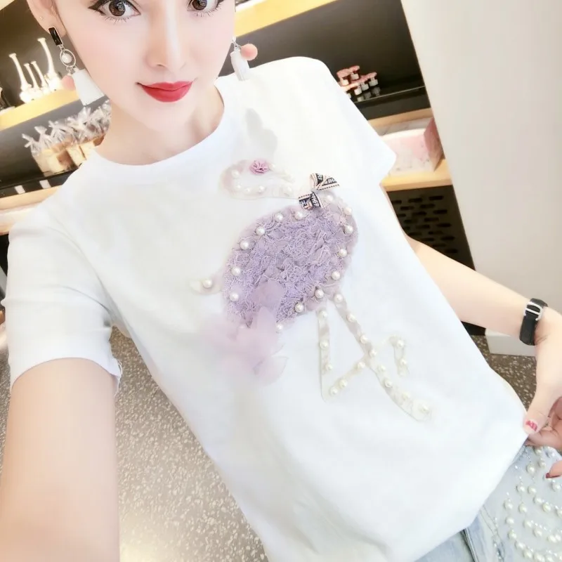 

Summer Women Casual Slim Fit T-Shirt Lace Pearls Flamingo T-Shirts O-Neck Short Sleeve Pullover Tops Female Kawaii Graphic Tees