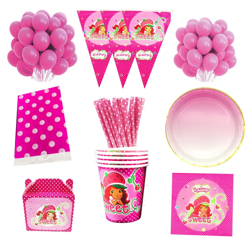 

79 шт. товары для дня рождения с клубничкой для девочек, праздничный декор, одноразовые коробки для попкорна, скатерть, соломинки, баннеры, та...