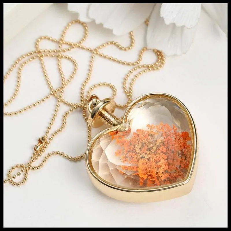 Dried Flower Real Dry Glass Charms Pendant Necklace Heart Locket Gold Chain For Women Jewelry Fashion | Украшения и аксессуары