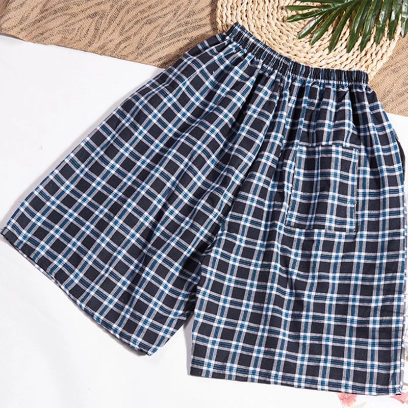 

Pajama Men Men's Cotton Trousers And Shorts Double Cotton Gauze Casual Living Pants Beach Pants Cotton Plaid Sleepwear Mens