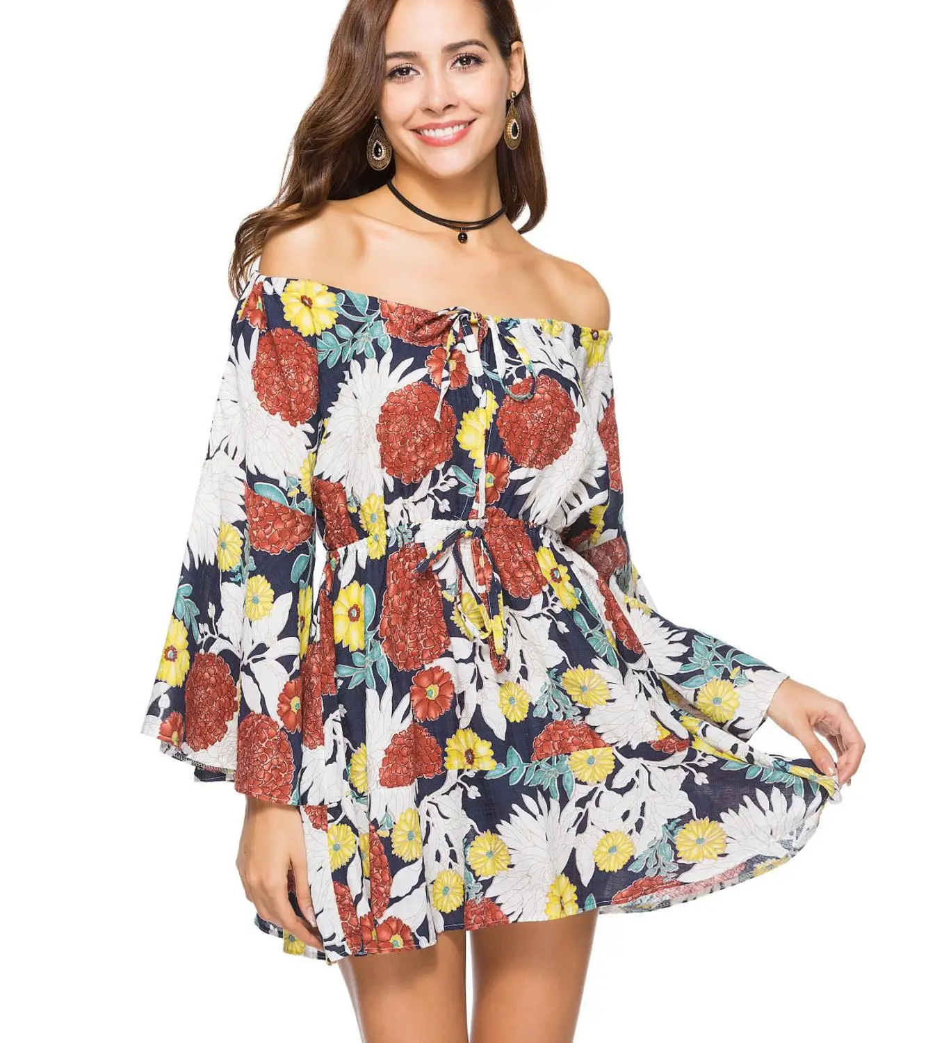 

New Women's Summer Floral Off Shoulder 3/4 Flared Sleeve Beach Mini Dress