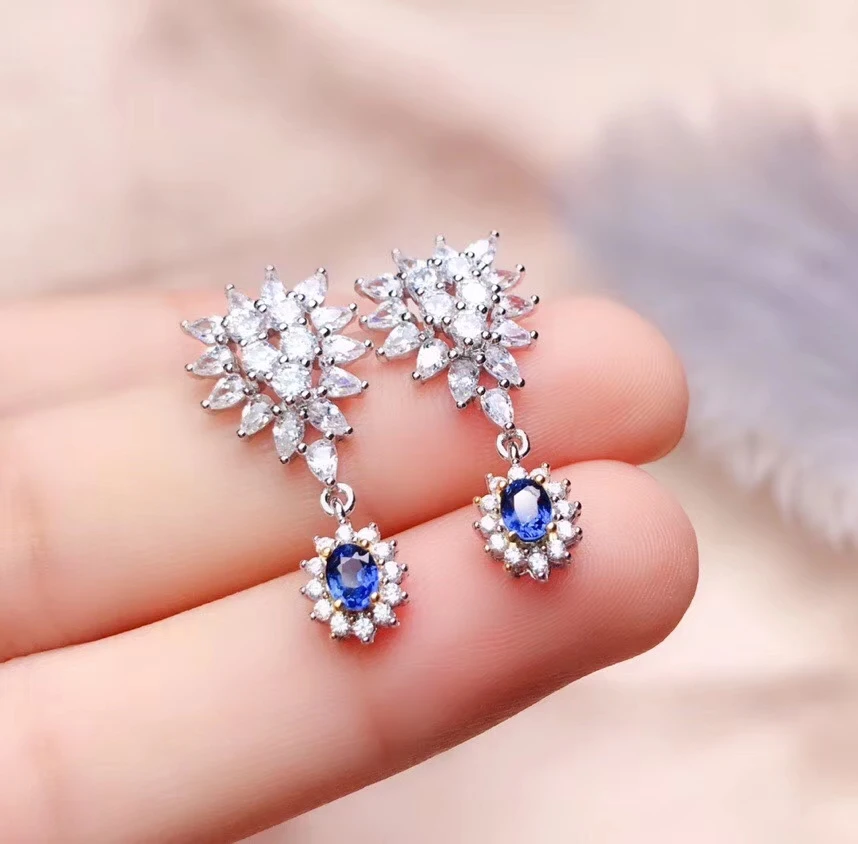 

fashion Flower Diana Tassels S925 silver natural blue sapphire drop earrings natural gemstone earrings woman party gift jewelry