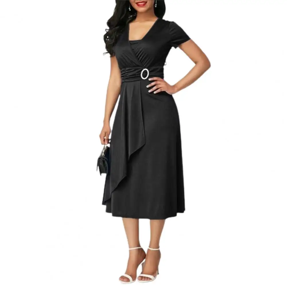 

Ladies Dress Asymmetric Hem High Waist Temperament V Neck Tube Top Robe Short Sleeve Dresses Woman Summer 2021