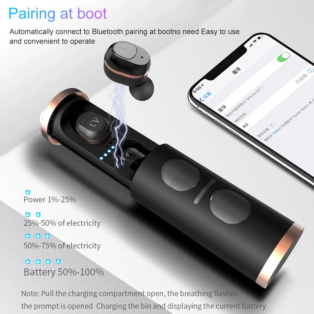 Bluetooth V5.0 беспроводные наушники True стерео наушники-вкладыши гарнитура A3 TWS мини