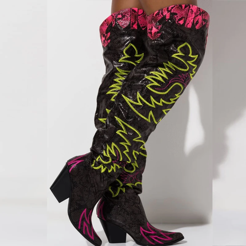 Женские сапоги выше колена Perixir в западном стиле с вышивкой и острым носком