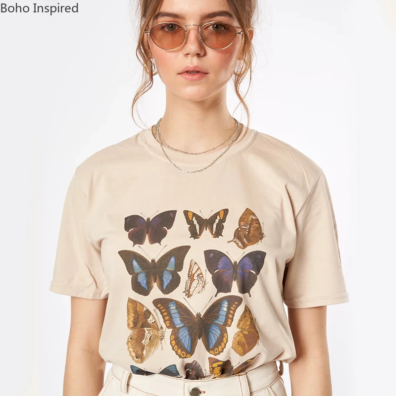 Boho Inspired бежевые с бабочками графические футболки для женщин вырез лодочкой