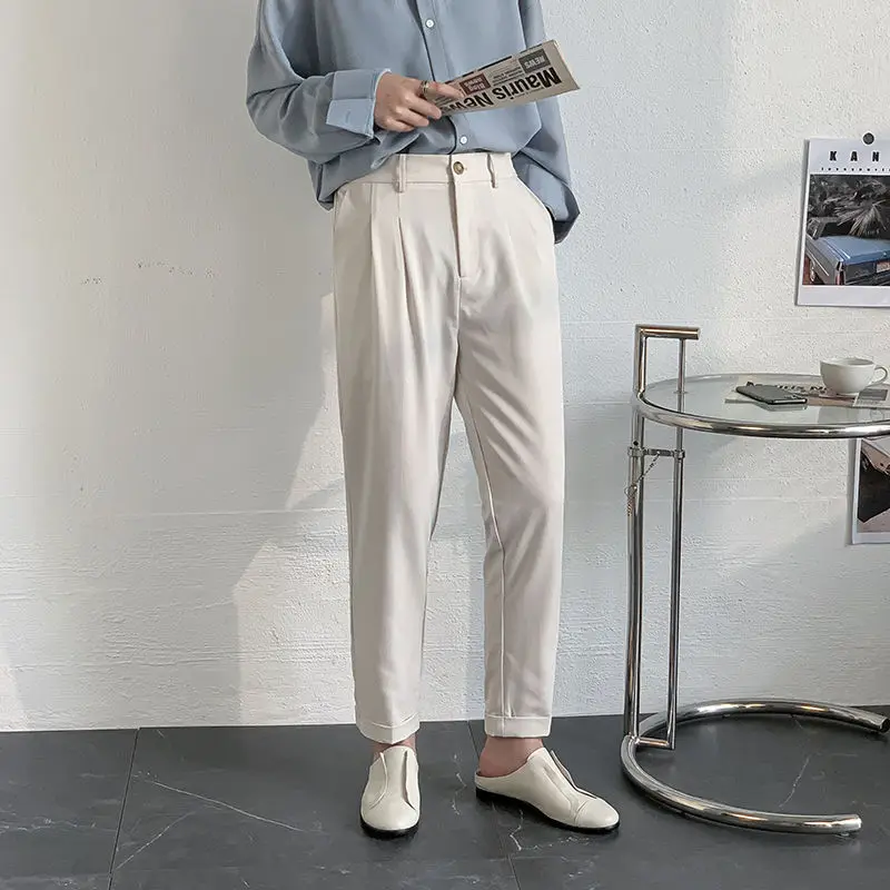 

2020 Men's Slim Fit Casual Pants Fashion Apricot Straight Pants Business Design Cotton Trousers Silk Formal Black Suit Pants