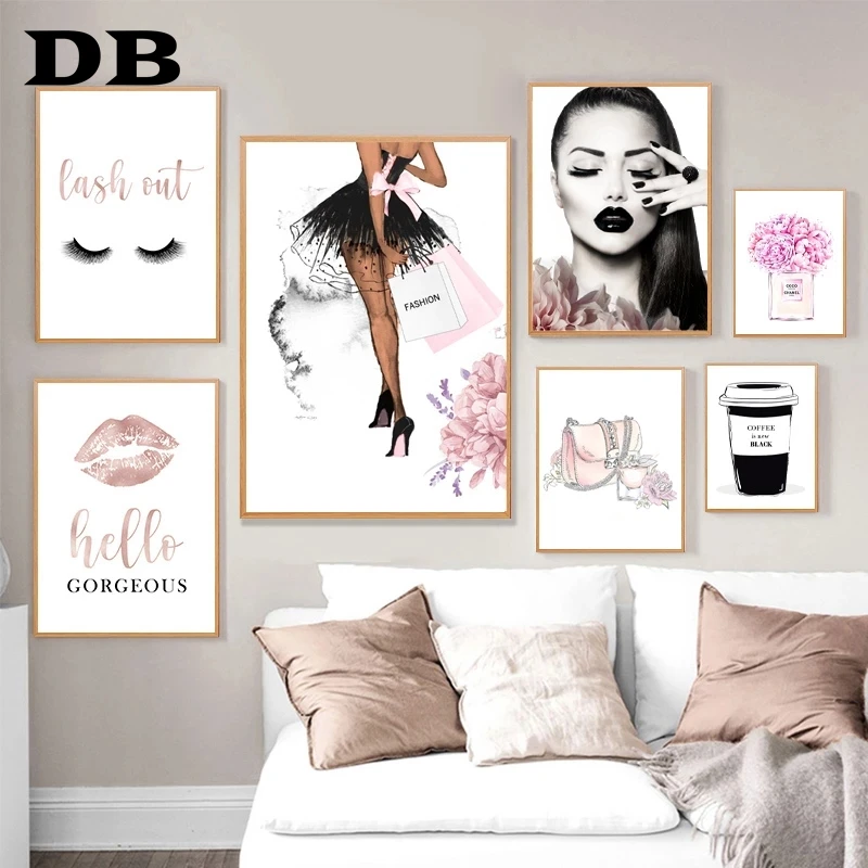 

Fashion Poster Pink Perfume Bottle Lips Makeup Canvas Print Painting Modern Vogue Wall Art Pictures For Living Room Home Decor