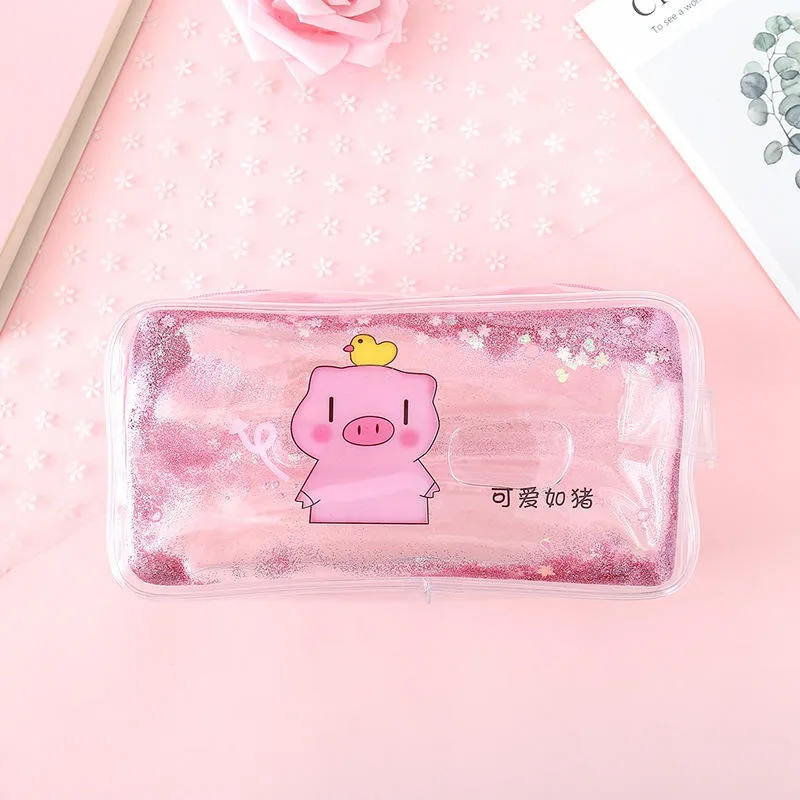 Cute PVC Pig Pencil Case Colorful Transparent Quicksand Girl Pen Bag Creative Korean Stationery School Supplies Pouch Kids Gift |