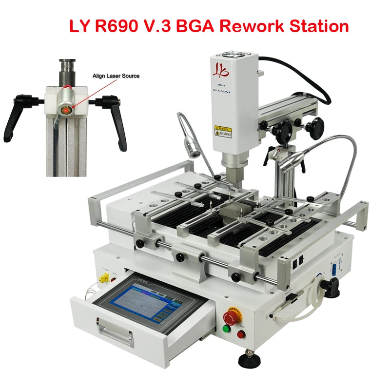 

Модернизированный LY R690 V3 BGA паяльная станция 3 зоны горячего воздуха IR сенсорный Экран с лазерной указкой и встроенный вакуумный насос