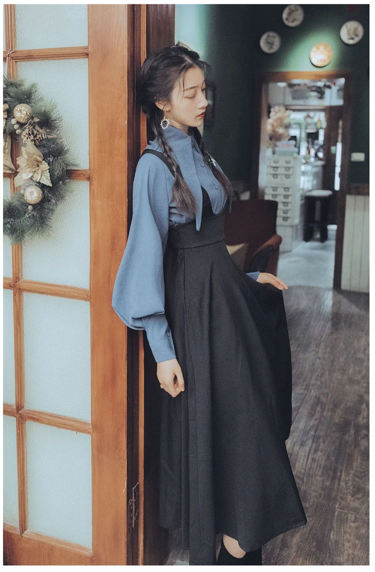 

Strap Dress 2 Piece Outfits Skirt Set Mid-calf Autumn Winter Women Full Sleeve Lantern Sleeve Blouse Shirt and Black