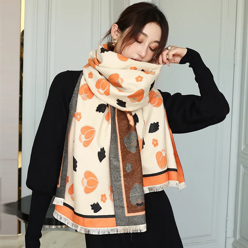 

2021 Winter Print Dustproof Shawls Female Thick Cashmere Scarves Autumn 190X65CM Beach Towel Popular Floret Two-Sided Bandanna