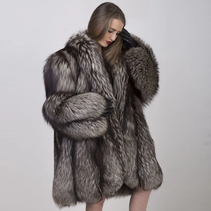 Natural Full Pelt Real Sliver Fox Fur Jacket With Fur Collar Winter Thick Warm Natural Fox Fur Coats  For Women Luxury Overcoat