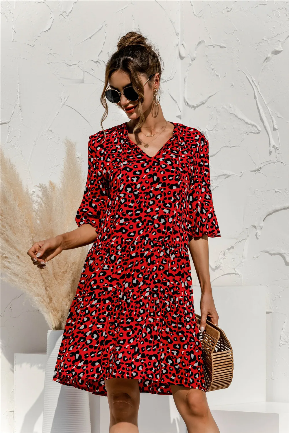 

Fashion Leopard Printed A-Line Party Dresses Women Summer Pleated Loose Dress Elegant V-Neck Half Sleeve Long Dress Vestido