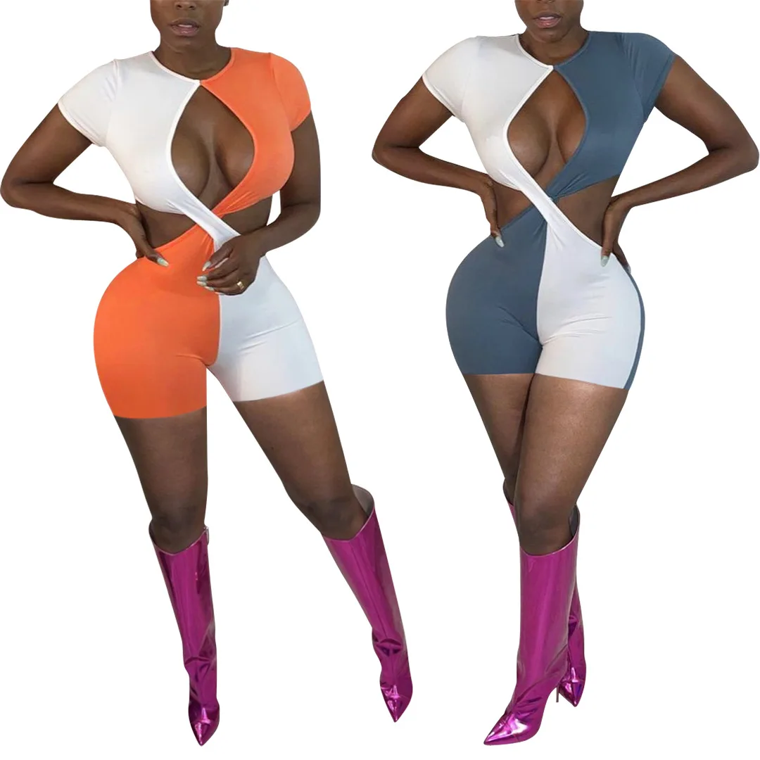 

Caual Women Jumpsuit Color Patchwork Hollow Out Sleeveless Fitness Short Ropmer Women Jumpsuit Outfit For Women
