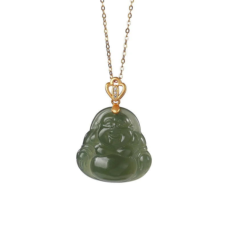 S925 sterling silver gold-plated natural Hetian gray jade pendant vintage graceful personality Maitreya Buddha Lady pendant