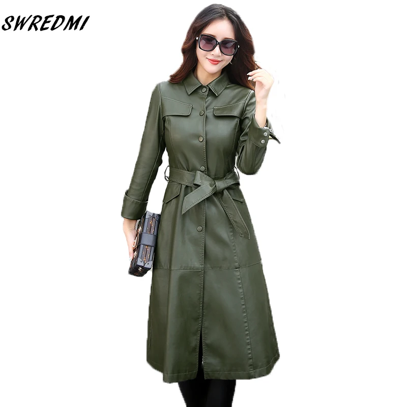 

Spring Long Leather Trench Women Army Green Long Coat Sashes Slim Fashion Female Jackets Autumn Outerwar Plus Size M-5XL SWREDMI