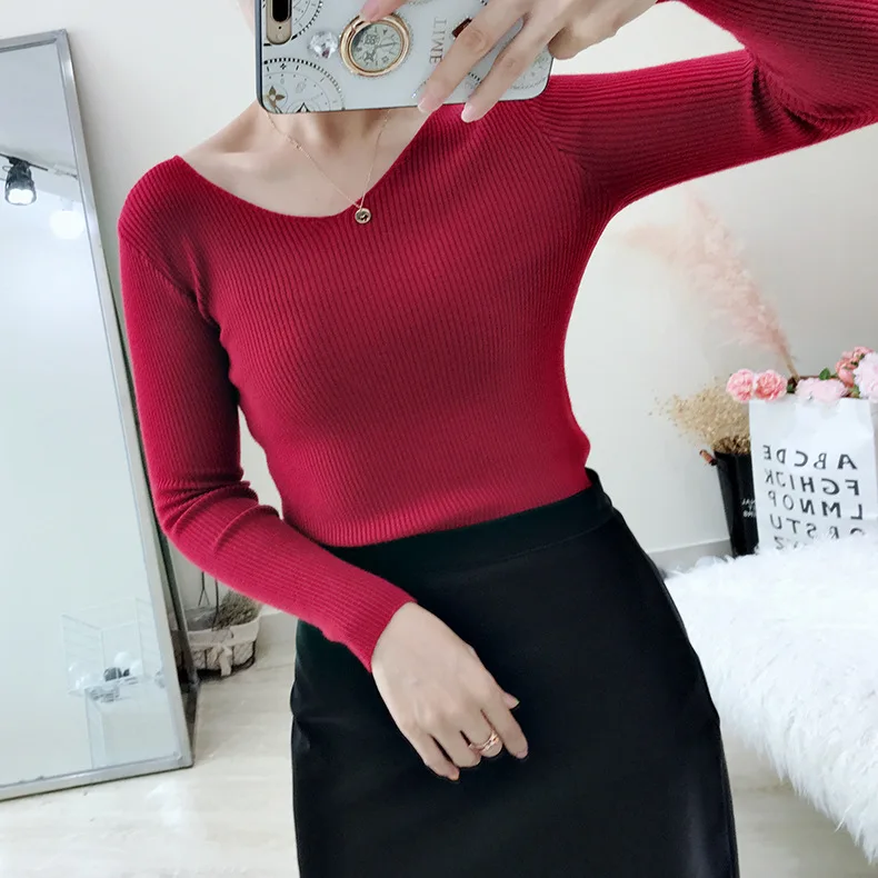 Женский Повседневный трикотажный базовый свитер в рубчик с V-образным вырезом и