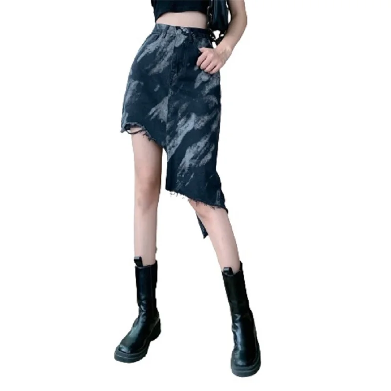 

ERHAPS U Women High Street Causal Denim Tassel Asymmetrical Irregular High Waist Tie Dye Print Pencil Knee Length Skirt S3009