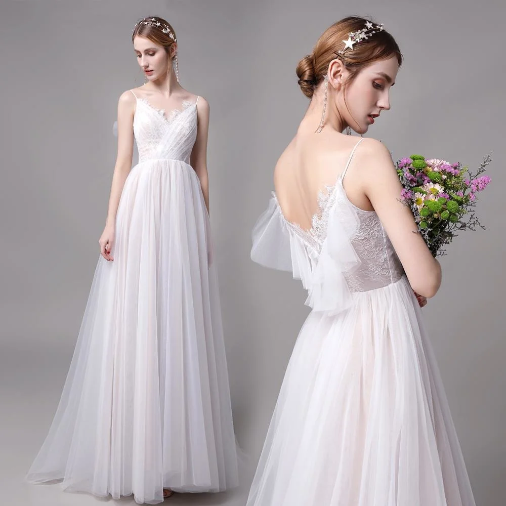 

TULX quality temperament simple banquet white long suspender dress fashion sexy slim backless V-neck wedding dress real price
