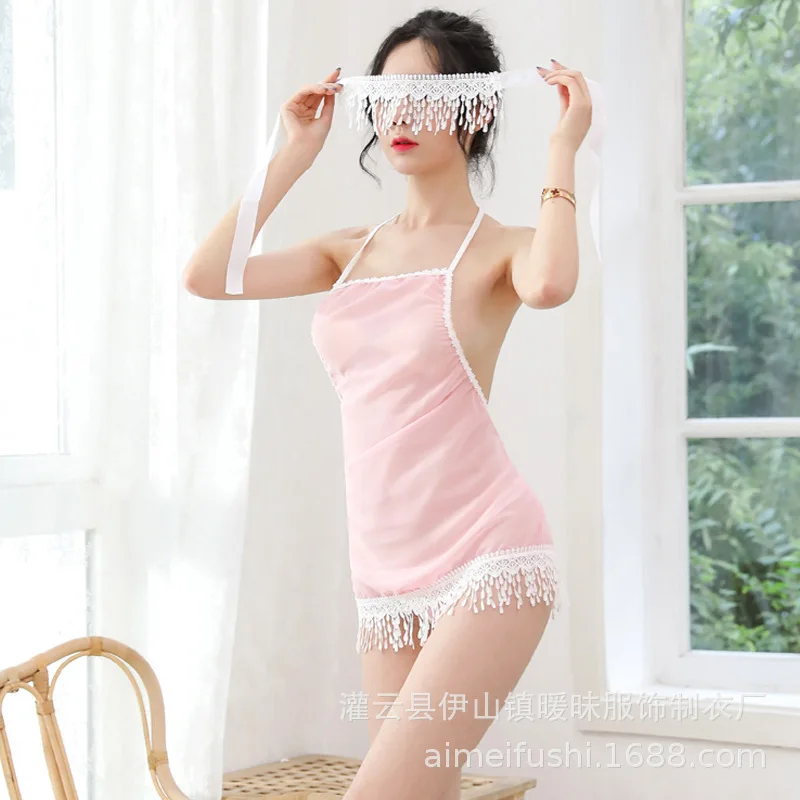 

2021 Hot New Sexy lace Transparent Pajamas Sets Women Sexy Backless Sleeveless Sleepwear hanging neck Nightwear