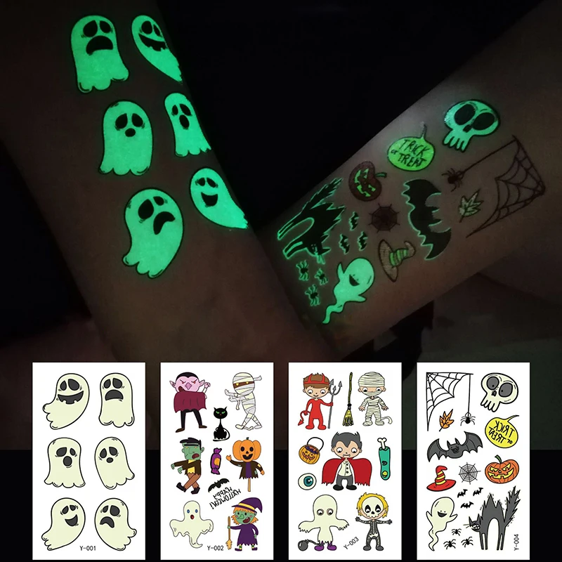 

5pcs Halloween Tattoo Stickers Pumpkin Ghost Luminous Disposable Waterproof Children Body Art Festival Party Makeup Decorations