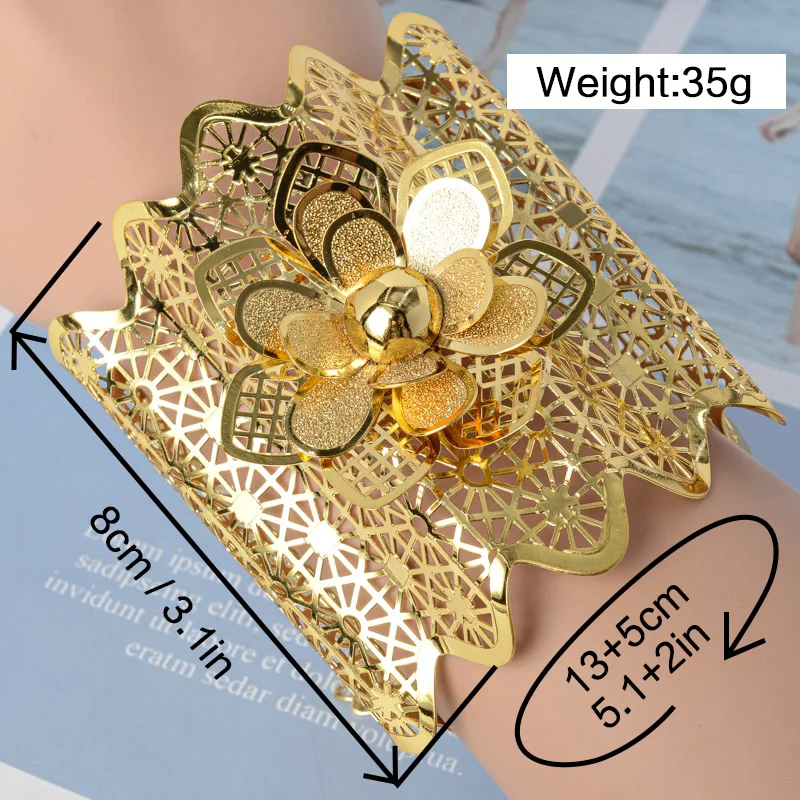 Солнечные украшения моды Медная большая браслетка в стиле цветка, покрытая золотом, регулируемая для женщин, свадебный подарок, вечеринка, помолвка.