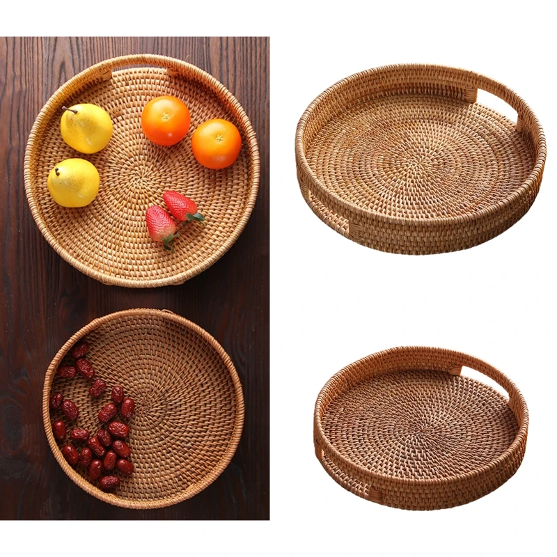 

Rattan Snack Storage Tray with Handle Round Basket Hand Woven Home Decor Bread Fruit Food Display Room Organizer