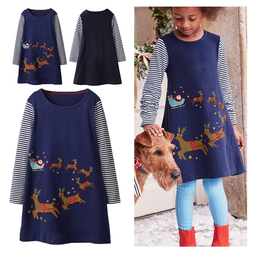 Осеннее платье для девочек с аппликацией в виде лося полоску длинными рукавами