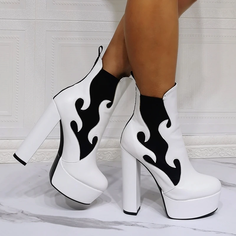 Contrast Black and White Women Shoes Booty Round Toe Platform Fashion Ankle Boots High Heel Big Size 47