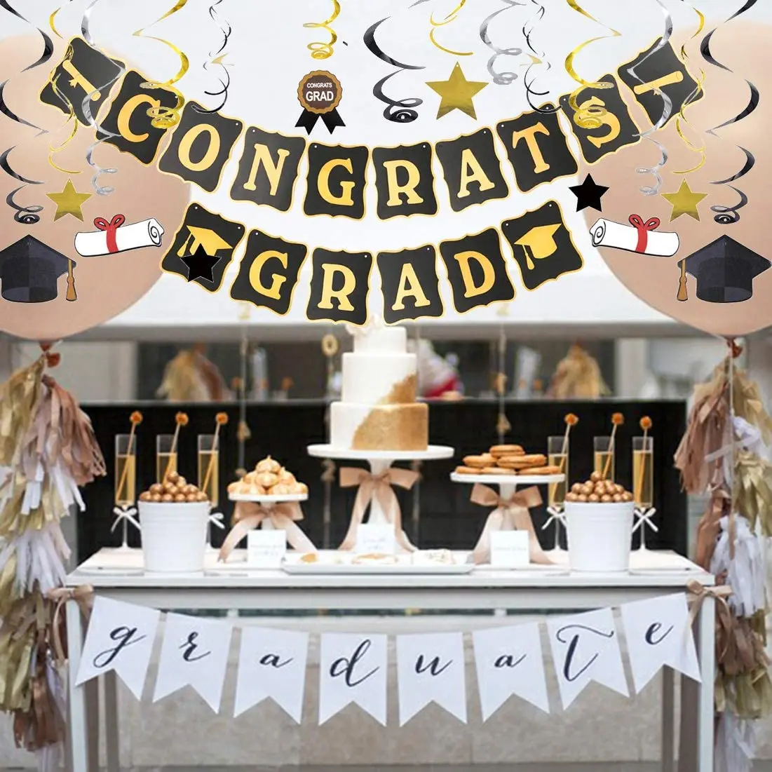 Conjunto de globos negros y dorados, banderines de felicidades, globos de confeti de graduaci&oacute;n, faja de graduaci&oacute;n para decoraciones de Graduaci&oacute;n-2