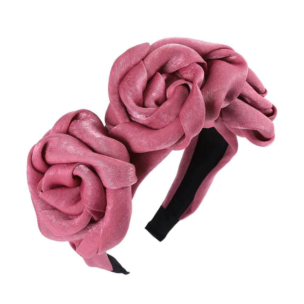 pink 2 Женская атласная повязка на голову Haimeikang, однотонный обруч обтянутый тканью с цветочным узором и большим цветком, на праздник - Цвет: pink 2