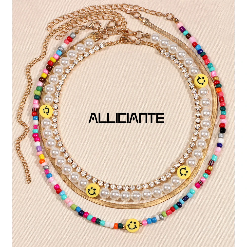 

Bohemian Smiley Pearls Beaded Necklace For Women Rainbow Color Rice Beads Choker Crystal Tennis Chain Necklace MultilayerJewelry