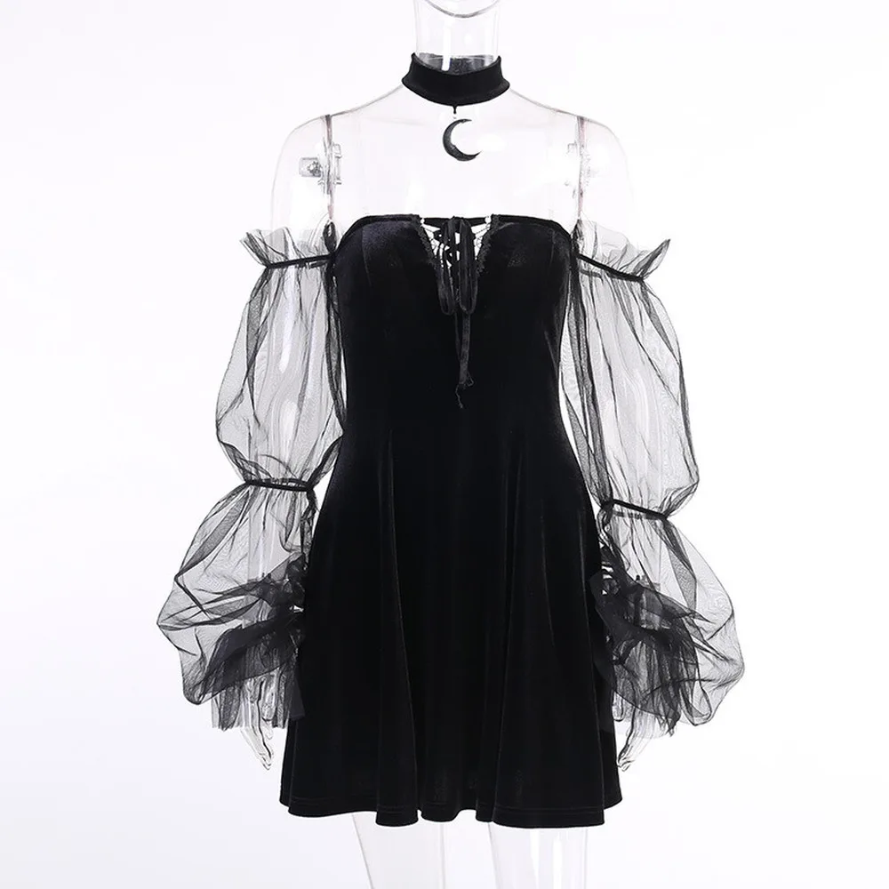 

2021 Gothic Vintage Sexy Lace Up Black Dress Aesthetic Mesh Long Sleeve Mini Dresses Women Harajuku High Waist Party Dress