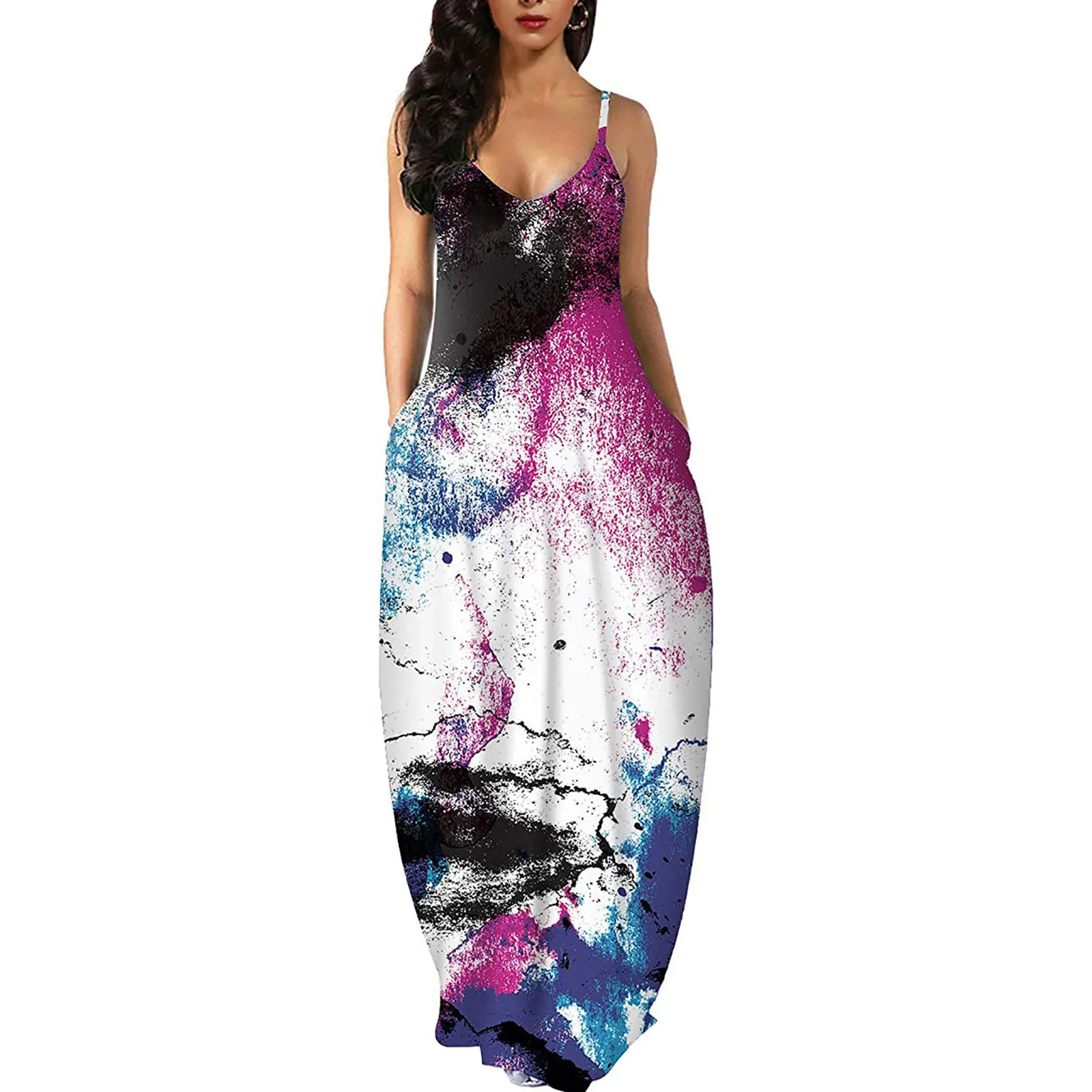 

Summer ladies fashion dress vlentton large size tie-dye printing sexy thin sling deep V long skirt casual comfortable dress 02*