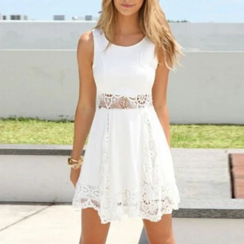 

Ladies Lace Stitching Sleeveless Round Neck White Dress White