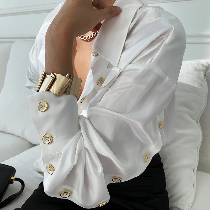Новинка Весна 2021 Офисная Женская белая шифоновая блузка с длинным рукавом на