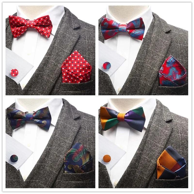 Мужской галстук-бабочка носовой платок и запонки регулируемый винтажный стиль