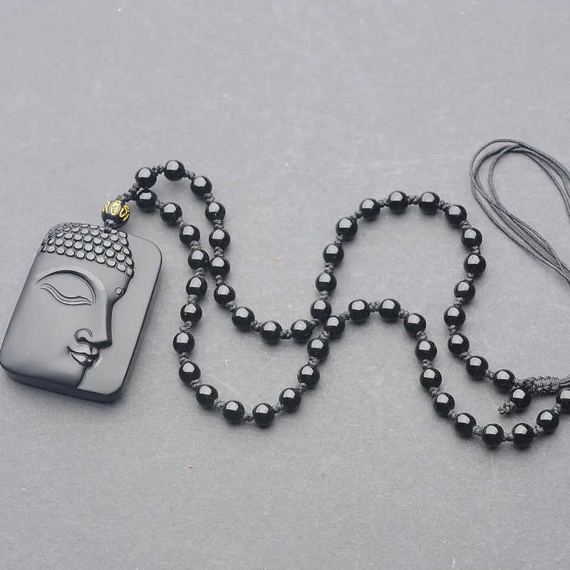 

Black Obsidian Buddha Jade Pendant Beads Necklace Hand-Carved Chinese Fashion Charm Jewelry Accessories Amulet for Men Women