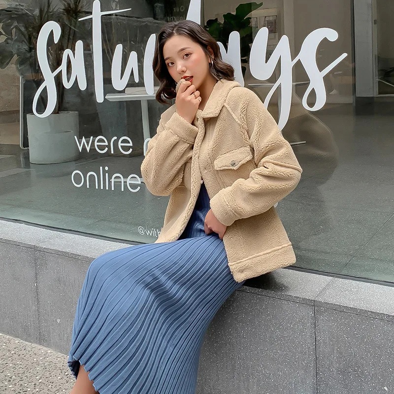 

Women's Fashion Casual Loose Faux Fur Coat Lamb Fur Velvet Fur Jacket With Pocket