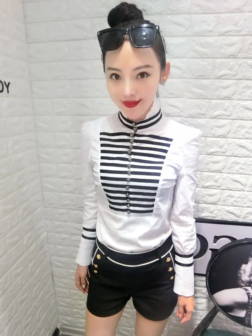 Женская хлопковая рубашка в полоску с длинным рукавом и воротником стойкой|cotton