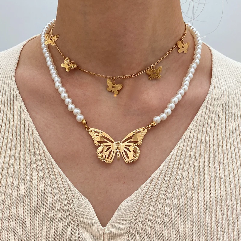 

Wholesale Buttlefly Necklace Jewelry Multilayer Clavicle Pearl Necklaces Chain Female Choker